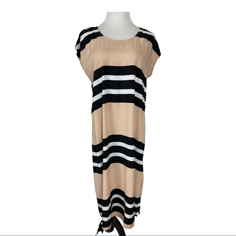 Mamalicious Maternity Black White Tan Striped MIDI Tunic Dress Women's Size M